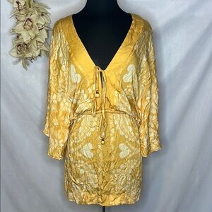 Yellow V-Neck Dress with Heart Pattern